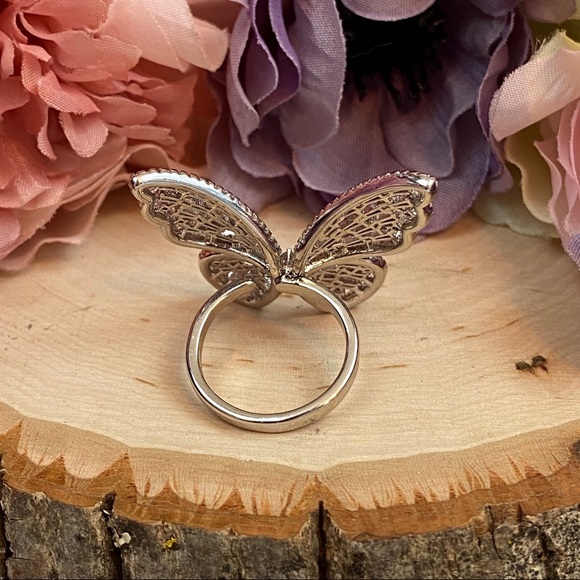 Sparkly Pink and Silver Crystal Butterfly Ring - Picture 6 of 13